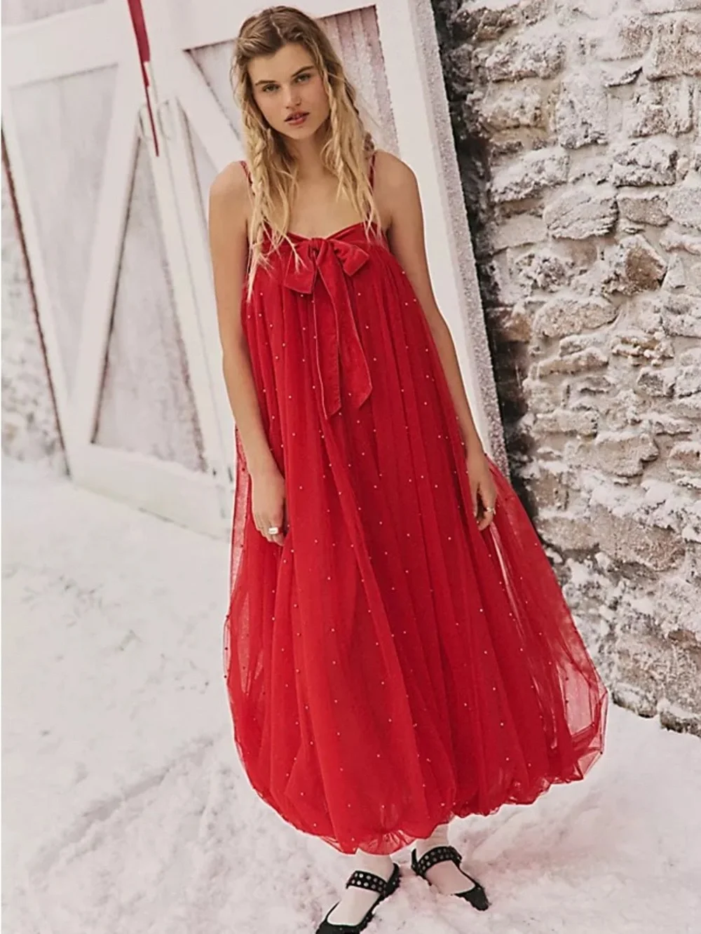 Free People Show Stopper Maxi Dress Red Embellished Mesh – Size Small
